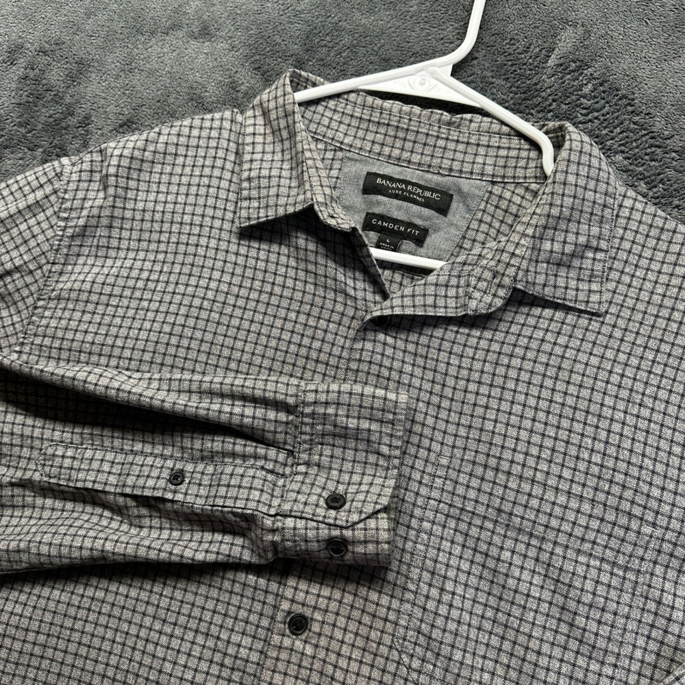 Banana Republic Luxe Flannel Shirt Mens Large Grey Camden Fit Micro Check